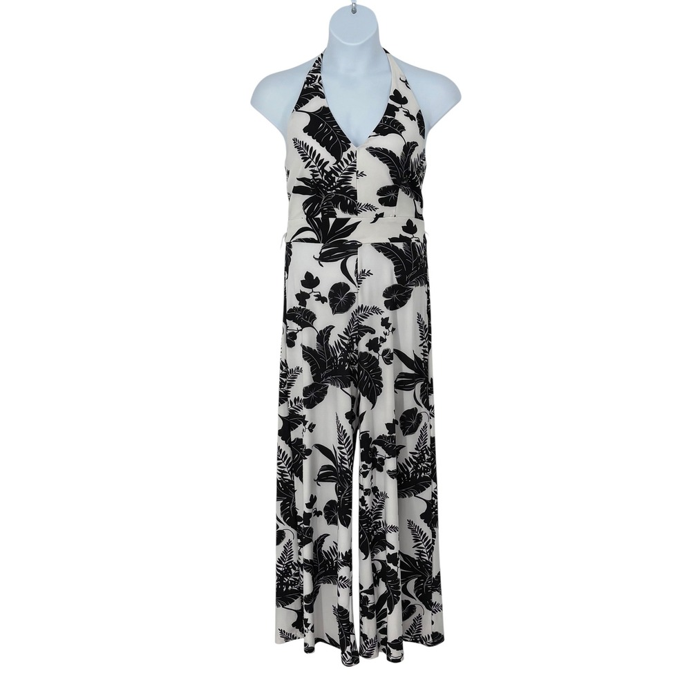New York & Company Jumpsuit White Black Tropical Palm Halter Wide Leg Size 8